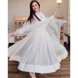 Nushrat Bharucha Grace full White Color Embroidery Butta Anarkali Suit